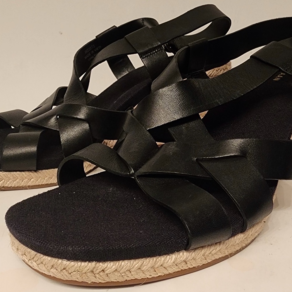 Cole Haan Black Leather Woven Espadrille Wedge Sandals - Picture 5 of 6